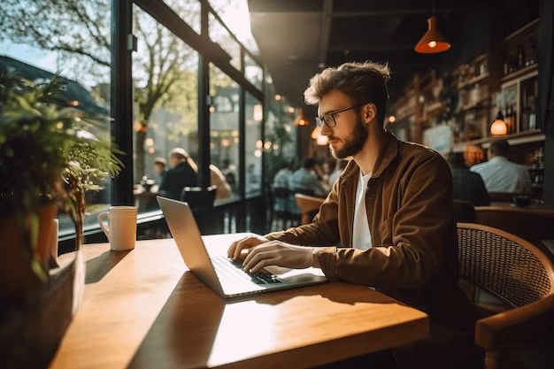 fractional marketer working at a table in a coffee shop